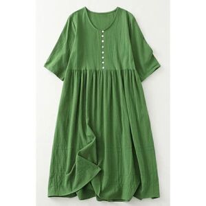 Women's Cotton Blend Half Sleeve Pockets Midi Dress Green #1693-B4